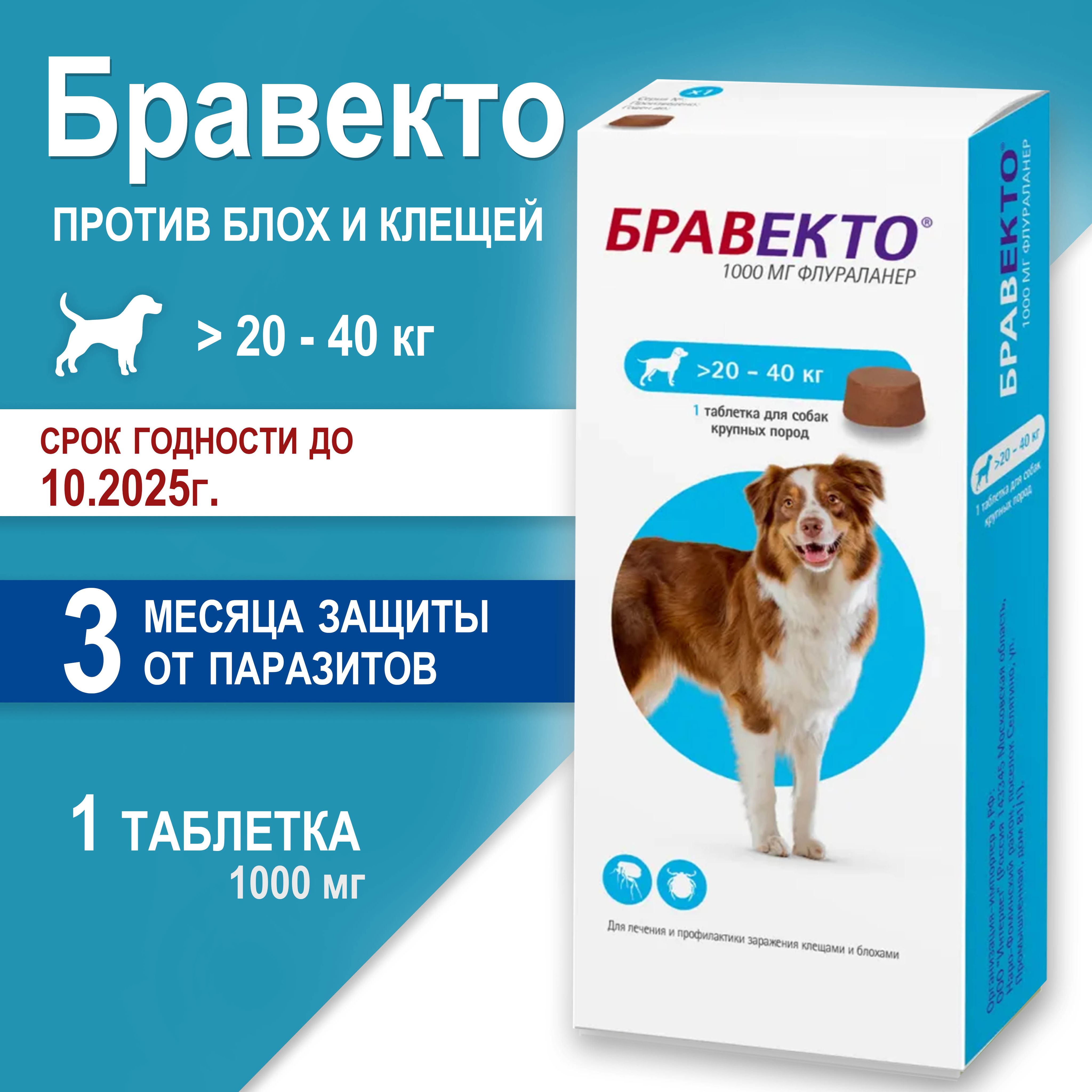 Бравекто таблетка для собак жевательная против блох и клещей 1000 мг, весом 20 - 40 кг, 1 ТАБЛЕТКА