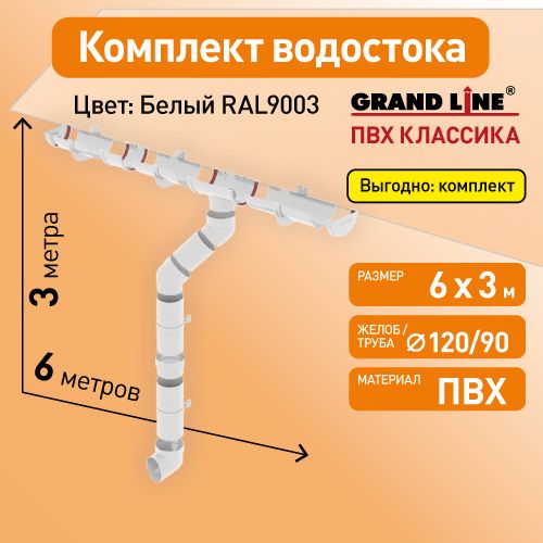 Комплект водосточной системы Гранд Лайн 6х3, цвет - БЕЛЫЙ (RAL 9003) / Водосточная система для крыши Grand Line 120/90