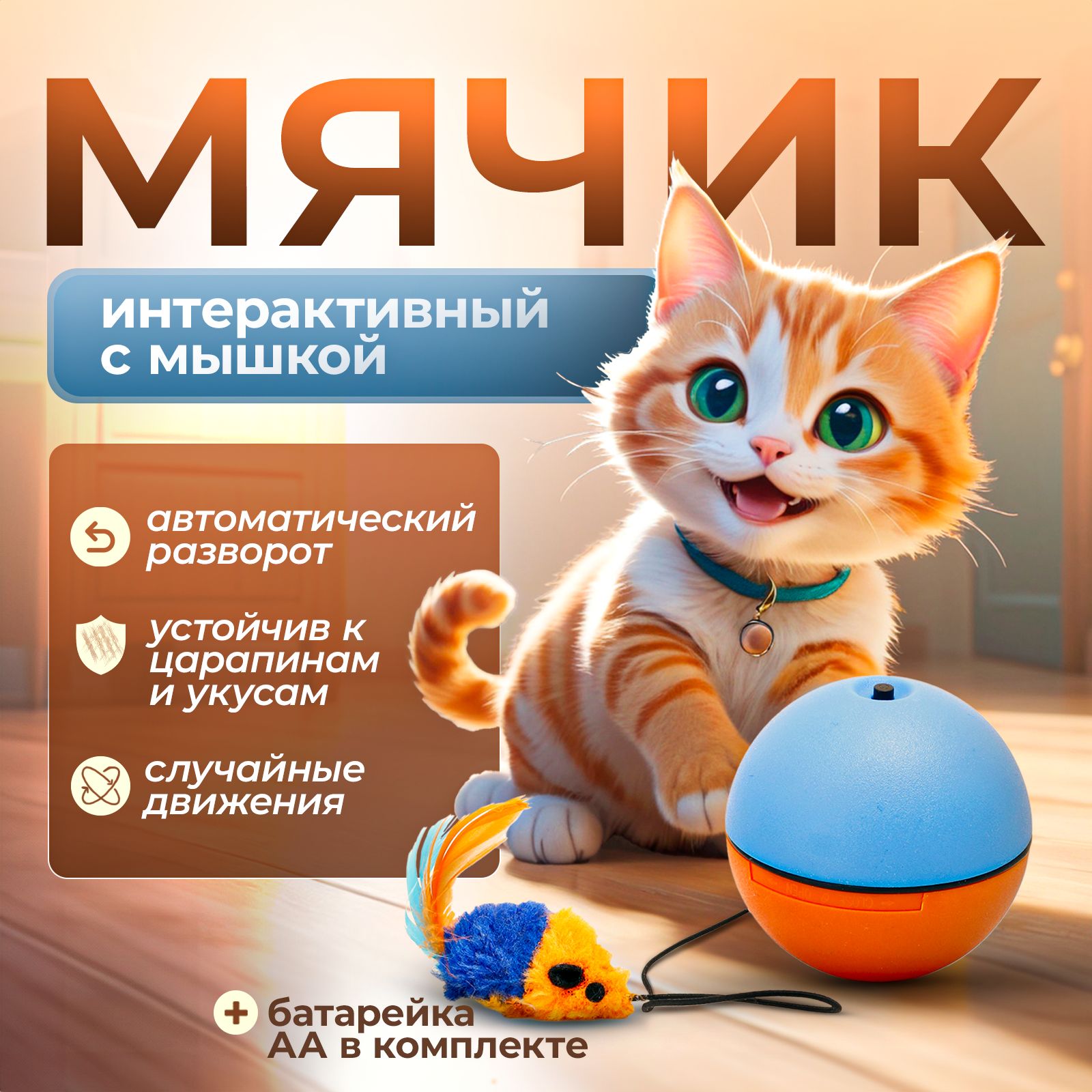 Интерактивный мячик для кошек с мышкой