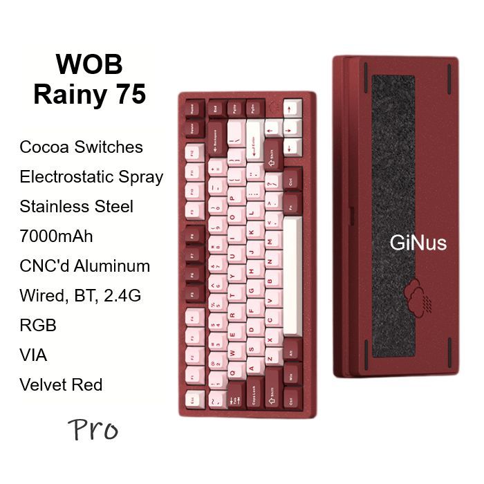 WOBИгроваяклавиатурабеспроводнаяRainy75Pro,VelvetRed,RGB,CocoaSwitches,ElecSpray,Английскаяраскладка,красный