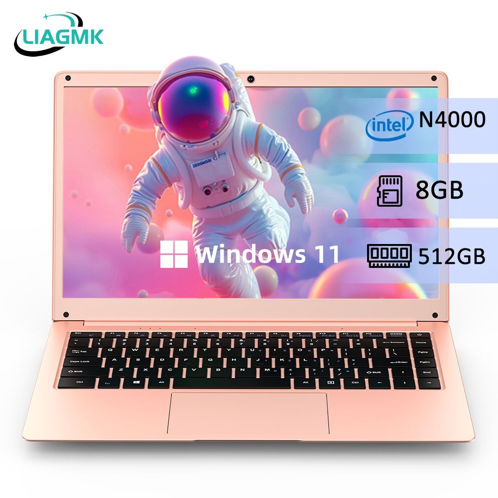 Liagmk N4000 Ноутбук 14.1", Intel Celeron N4000, RAM 8 ГБ, SSD, Intel HD Graphics, Windows Pro, розовый, Русская раскладка