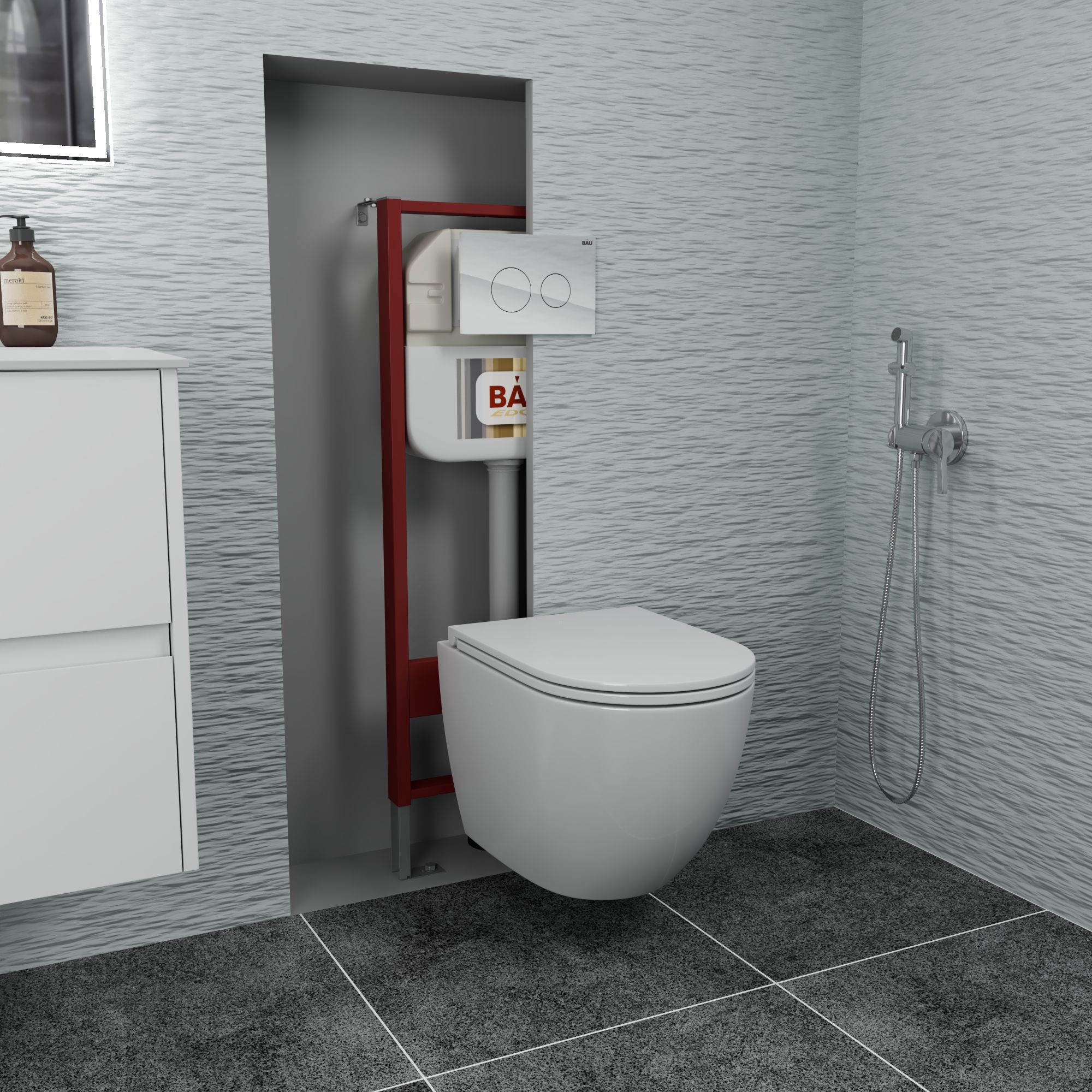 Комплект BAU 6 в 1: рамная инсталляция BAU NEO 45, унитаз подвесной безободковый, со смывом торнадо Grossman Hurricane 3, сиденье дюропласт микролифт, клавиша из стекла BAU Dream дизайнерская, белая