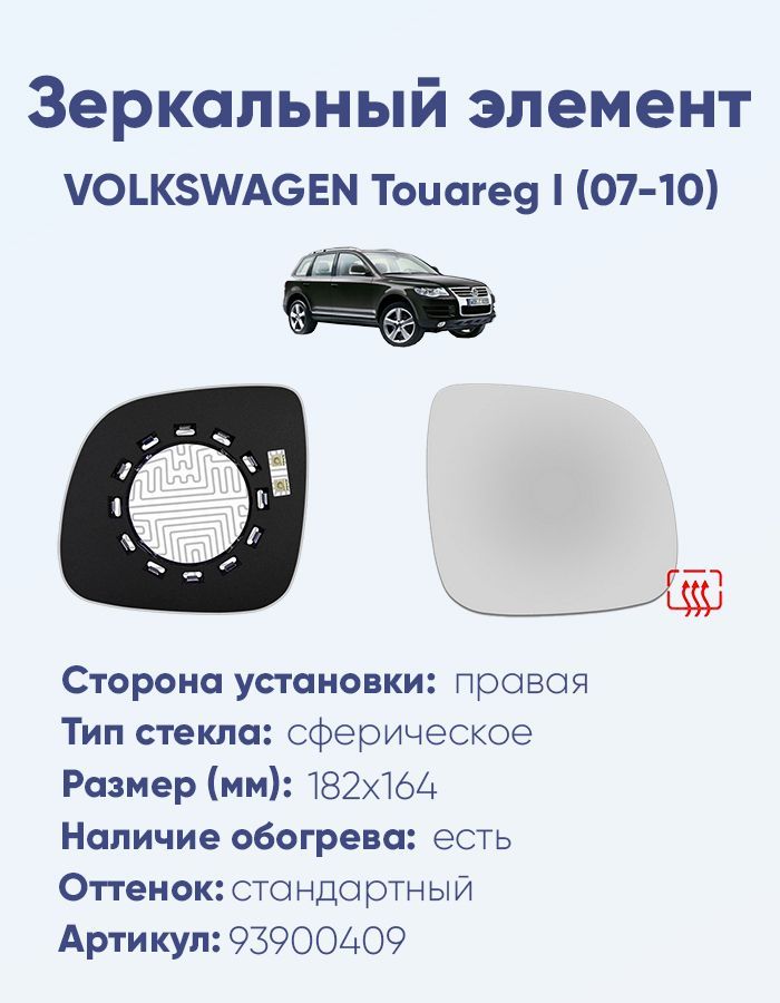 Зеркальный элемент правый VOLKSWAGEN Touareg I (07-10) сфера нейтральный с обогревом