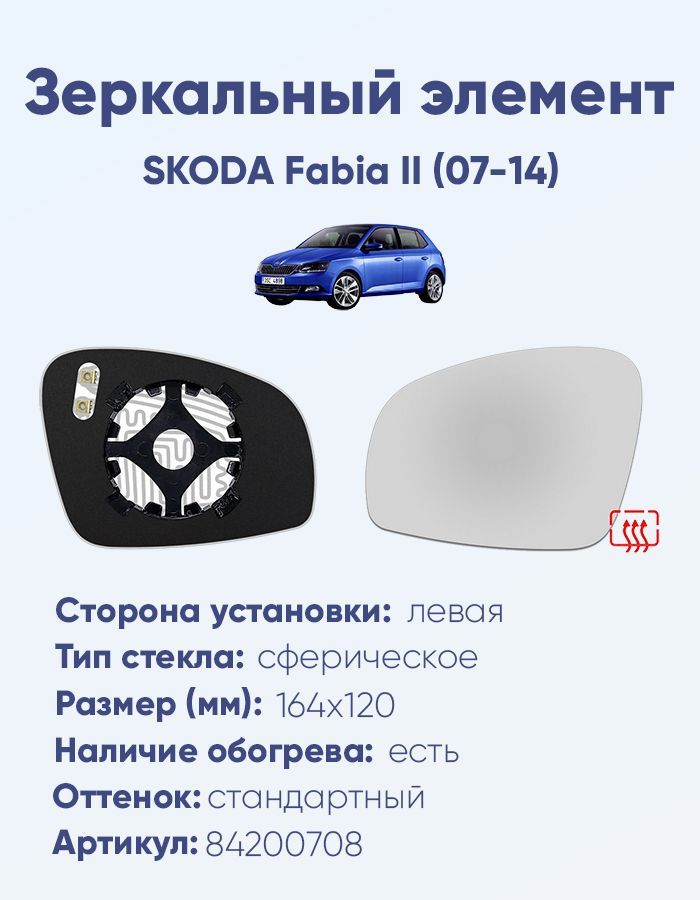 Зеркальный элемент левый SKODA Fabia II (07-14) сфера нейтральный с обогревом