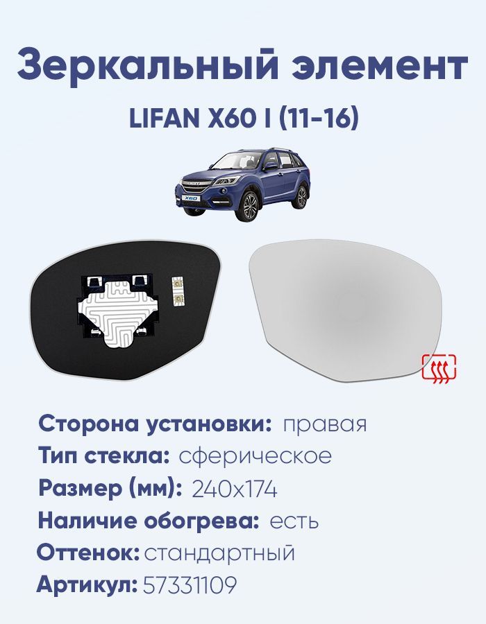 Зеркальный элемент правый LIFAN X60 I (11-16) сфера нейтральный с обогревом