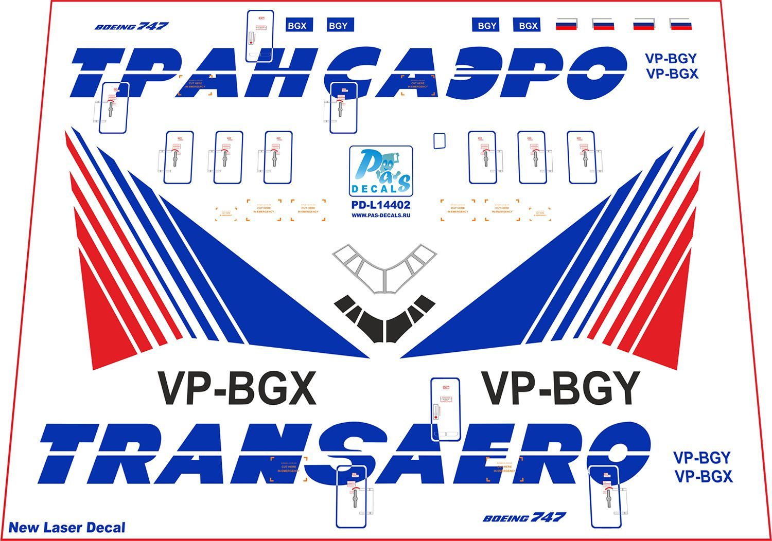 1/144 Лазерная ДЕКАЛЬ PAS-DECALS REVELL BOEING 747-300 Transaero Трансаэро