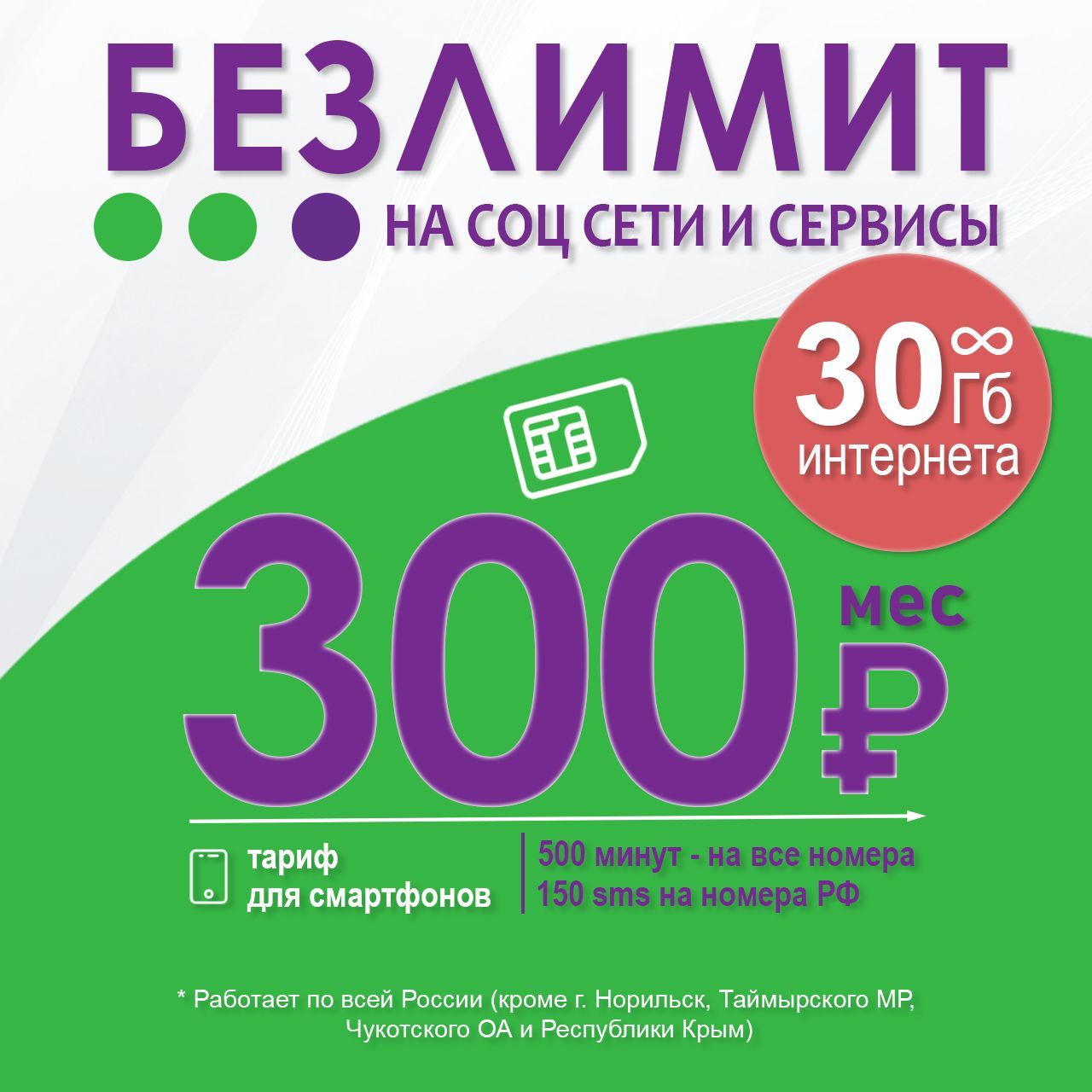 SIM-карта Сим карта 300 рублей безлимит (Вся Россия)