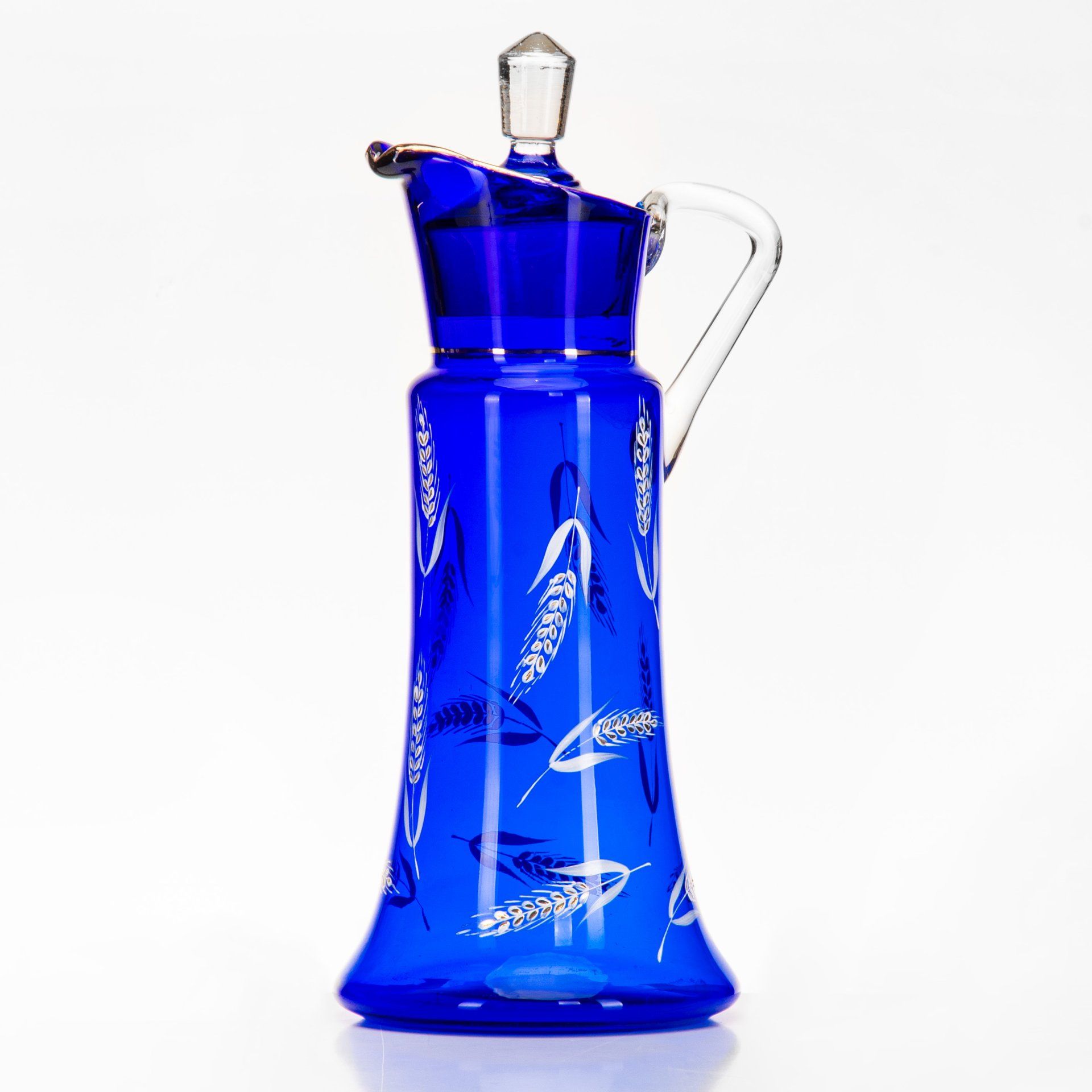 Кувшин винтажный с крышкой, украшенный изображениями колосьев, стекло, золочение, роспись, СССР, 1930-1940 гг.