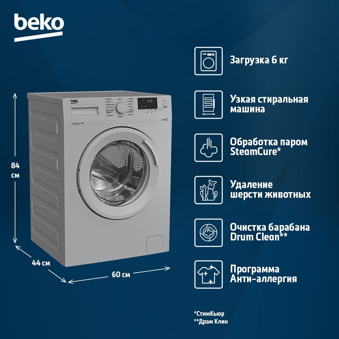 Узкая стиральная машина Beko WSRE6512ZSS, 6 кг, серебристый