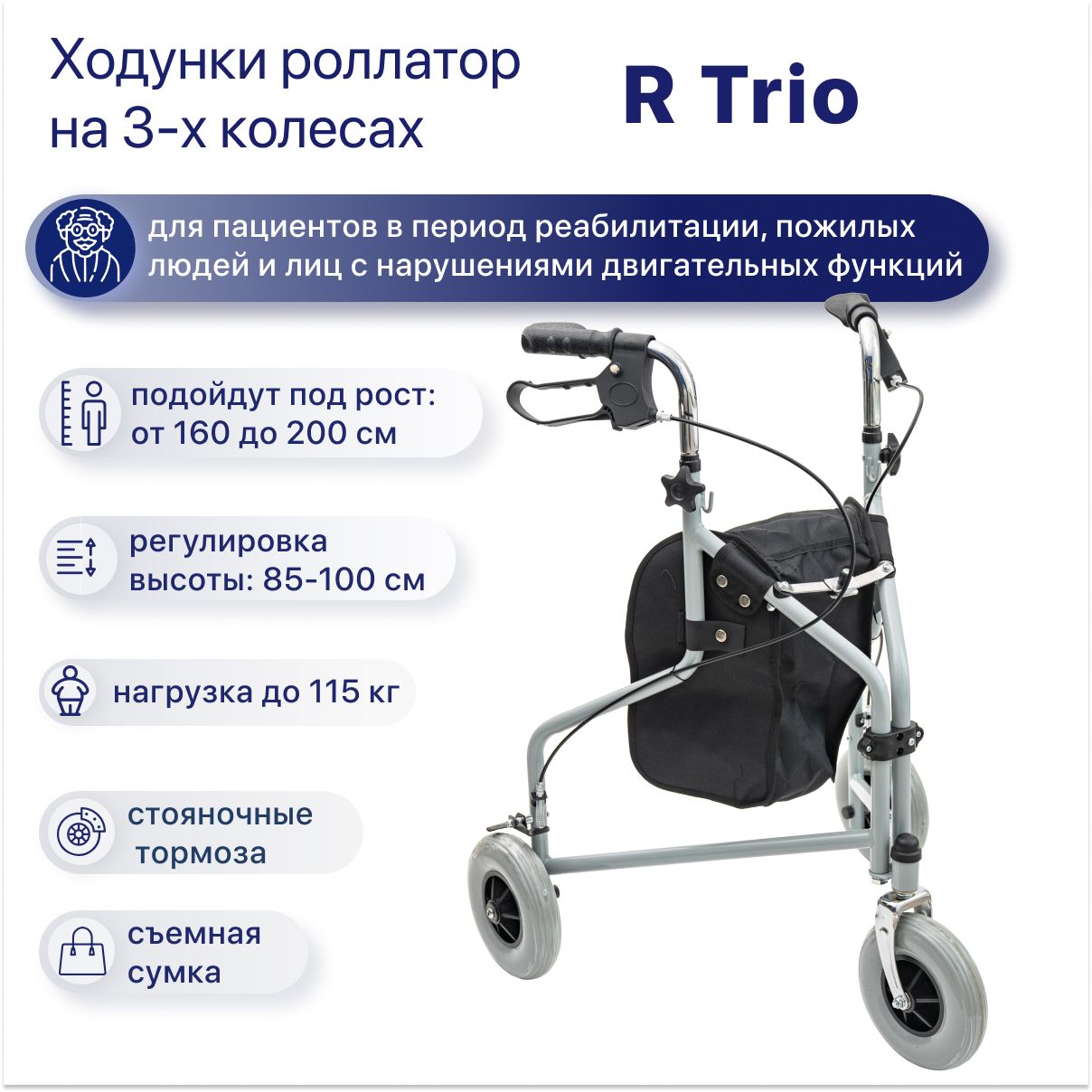 Ходунки на колесах роллаторы Barry R Trio прогулочные складные медицинские для взрослых, пожилых и инвалидов после травмы, инсульта, с сумкой и с регулировкой высоты ручек