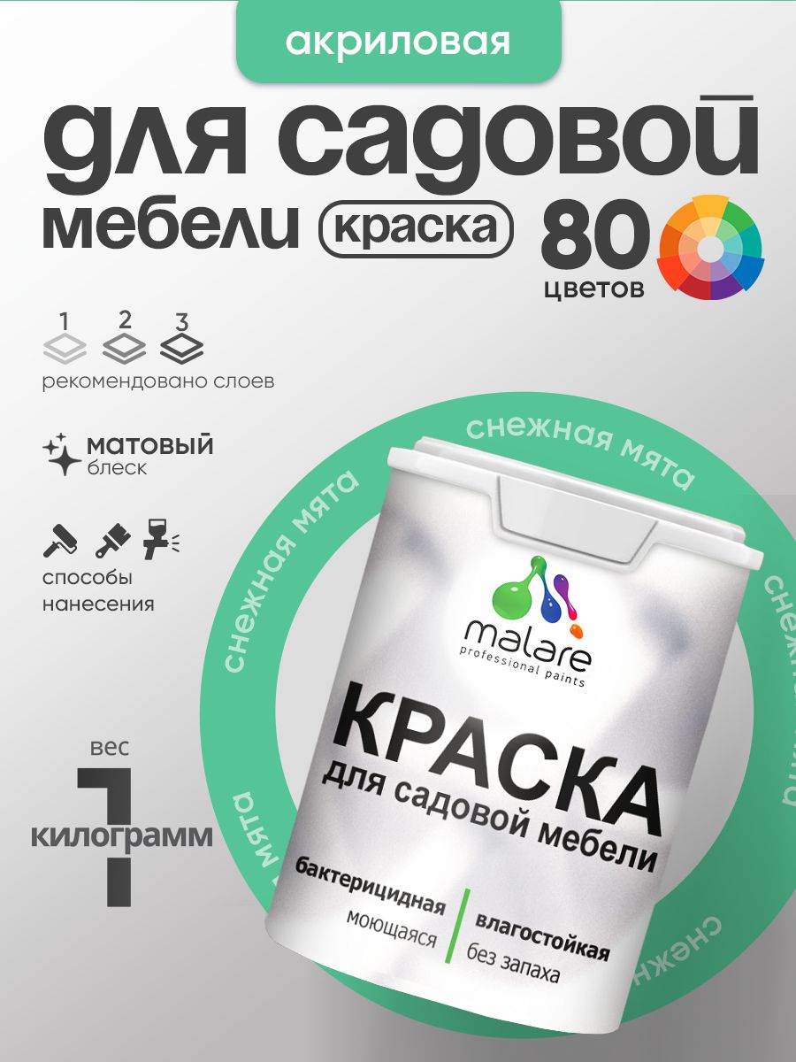 Акриловая краска Malare для садовой мебели/ по дереву, для наружных и внутренних работ/ быстросохнущая моющаяся без запаха матовая, снежная мята, 1 кг