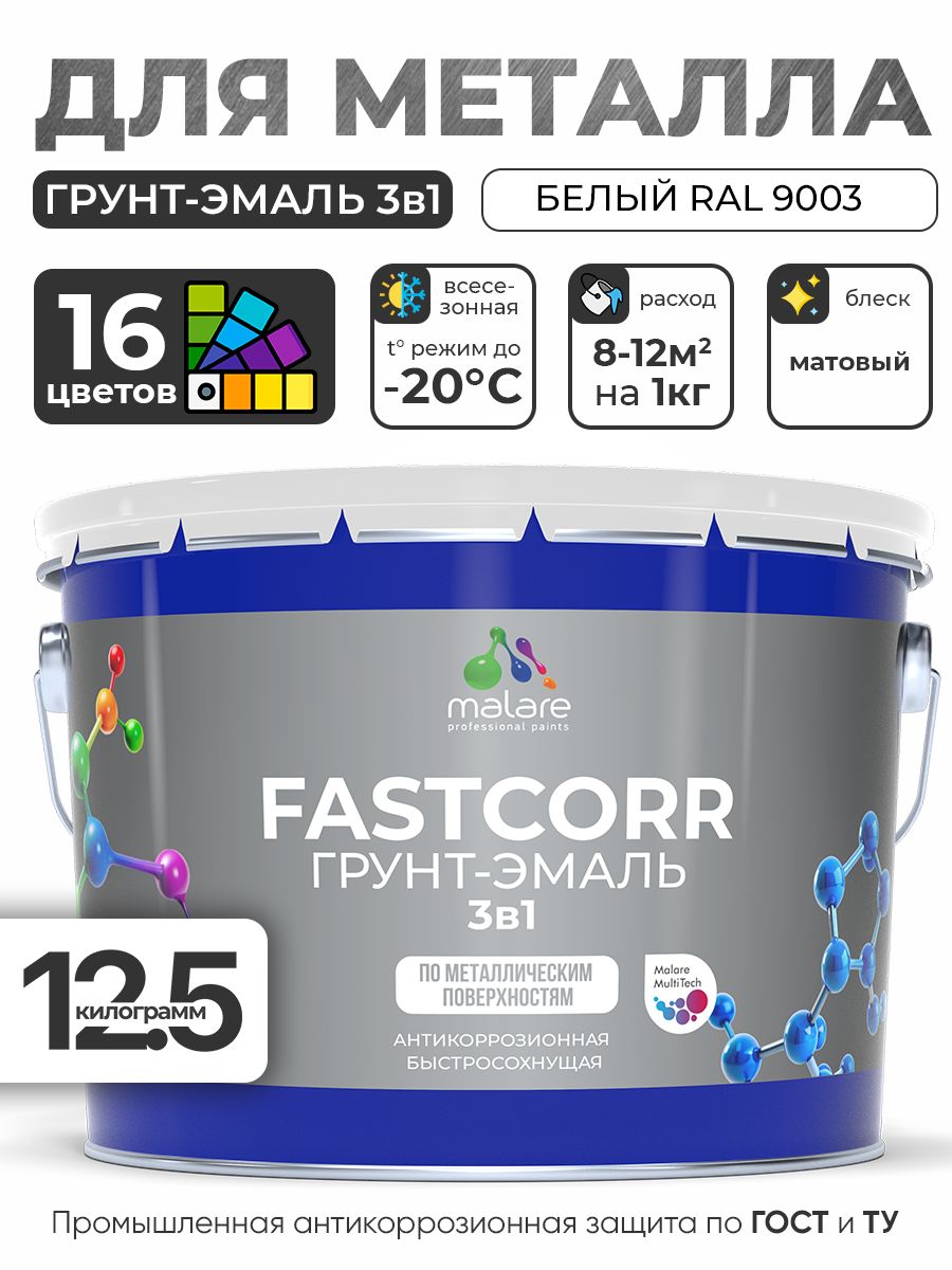 Грунт-эмаль по ржавчине 3 в 1 Malare FastCorr краска для металла, антикоррозионная износостойкая быстросохнущая RAL 9003, белый, матовая, 12,5 кг.
