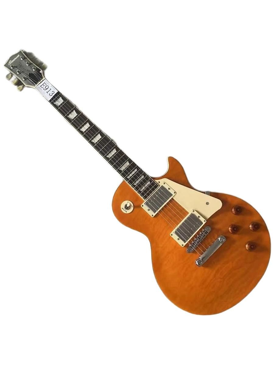 ЭлектрогитараBestuneLPкорпусизклёнаскрупнойтекстуройиянтарнымоттенком,накладкаизпалисандра,22лада,спризнакамиестественногостаренияинезначительнымиповерхностнымидефектами