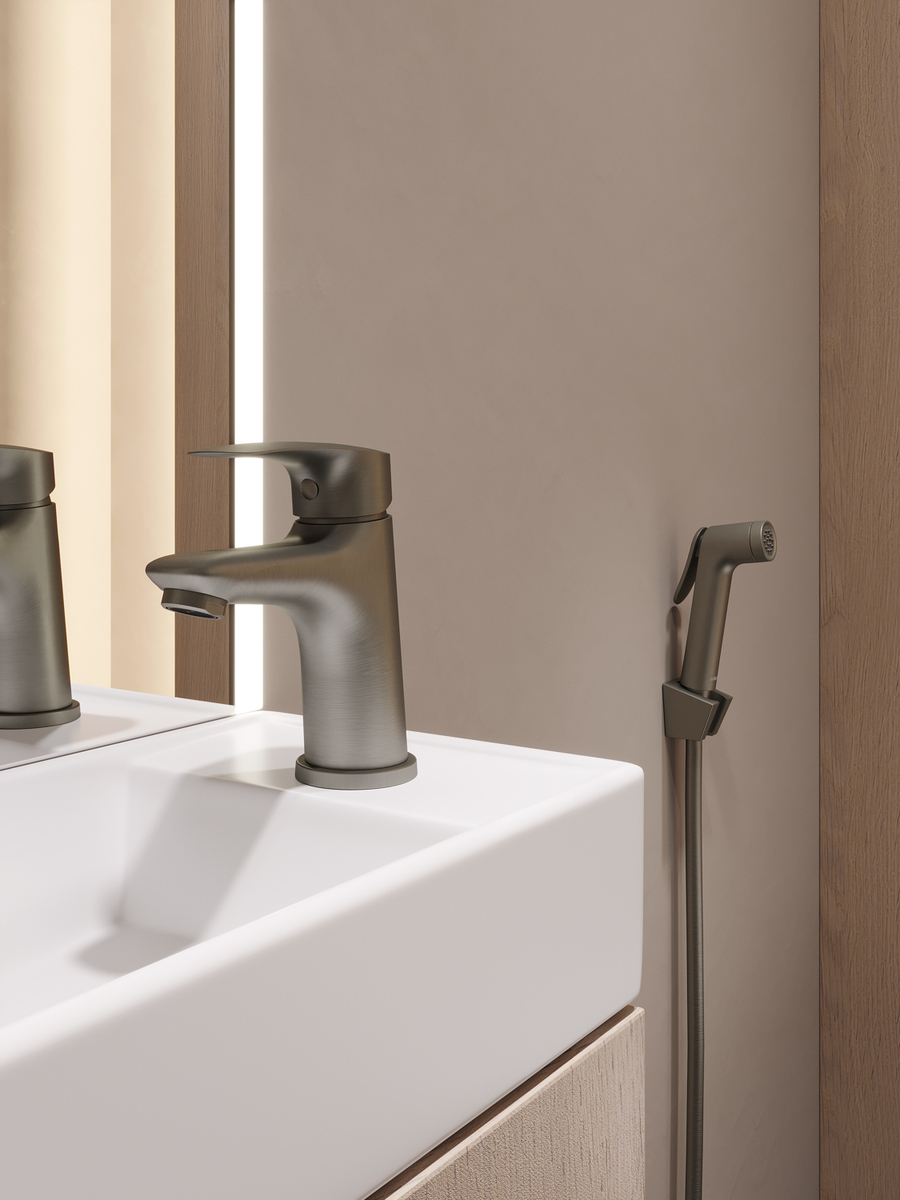 Фото товара на маркетплейсе ozon Смеситель для раковины с гигиеническим душем, матовый графит Milardo, Rora, RORGM01M08