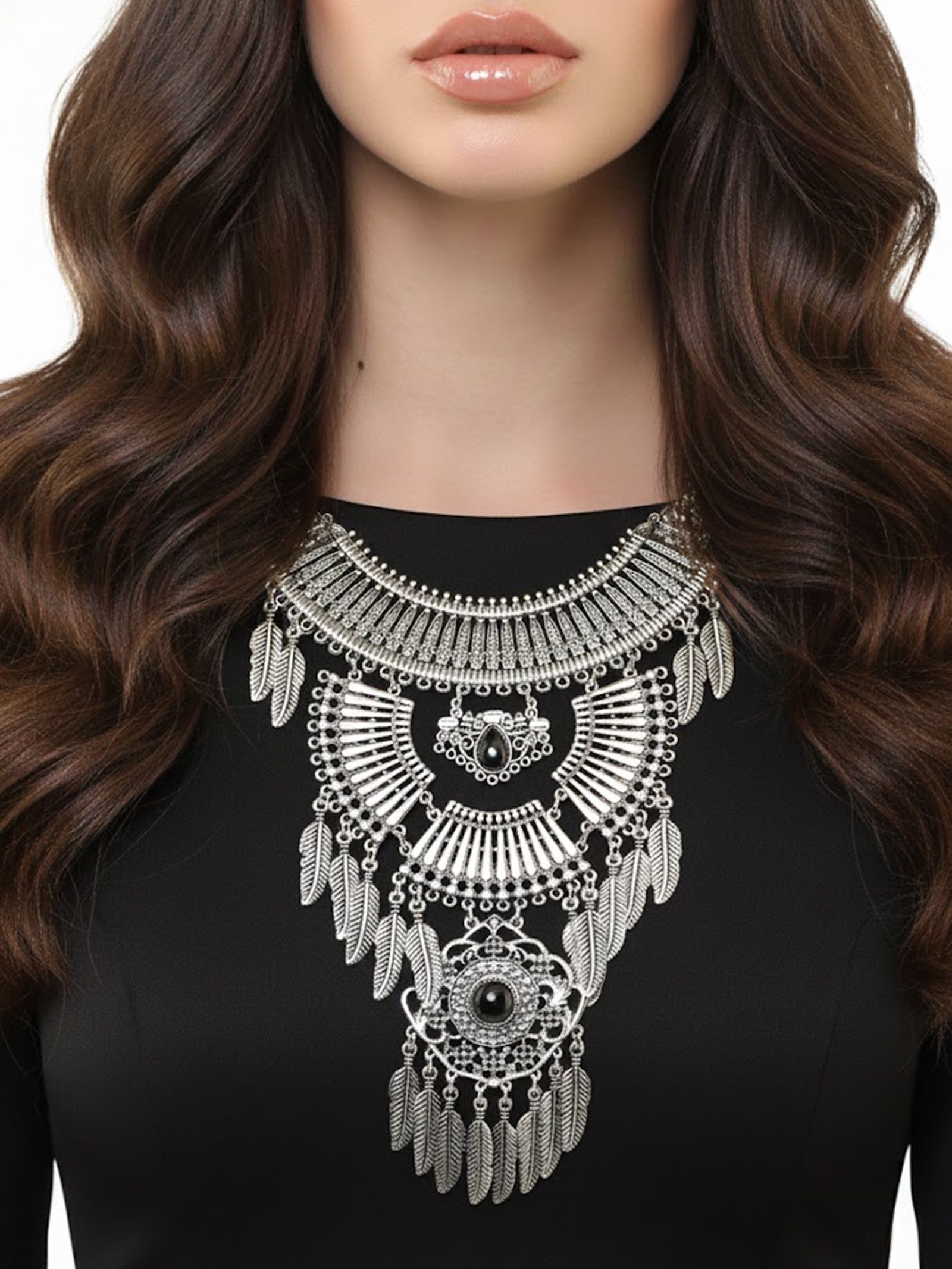 Колье женское Одиссея перья, черное в чернёном серебре, 42 см