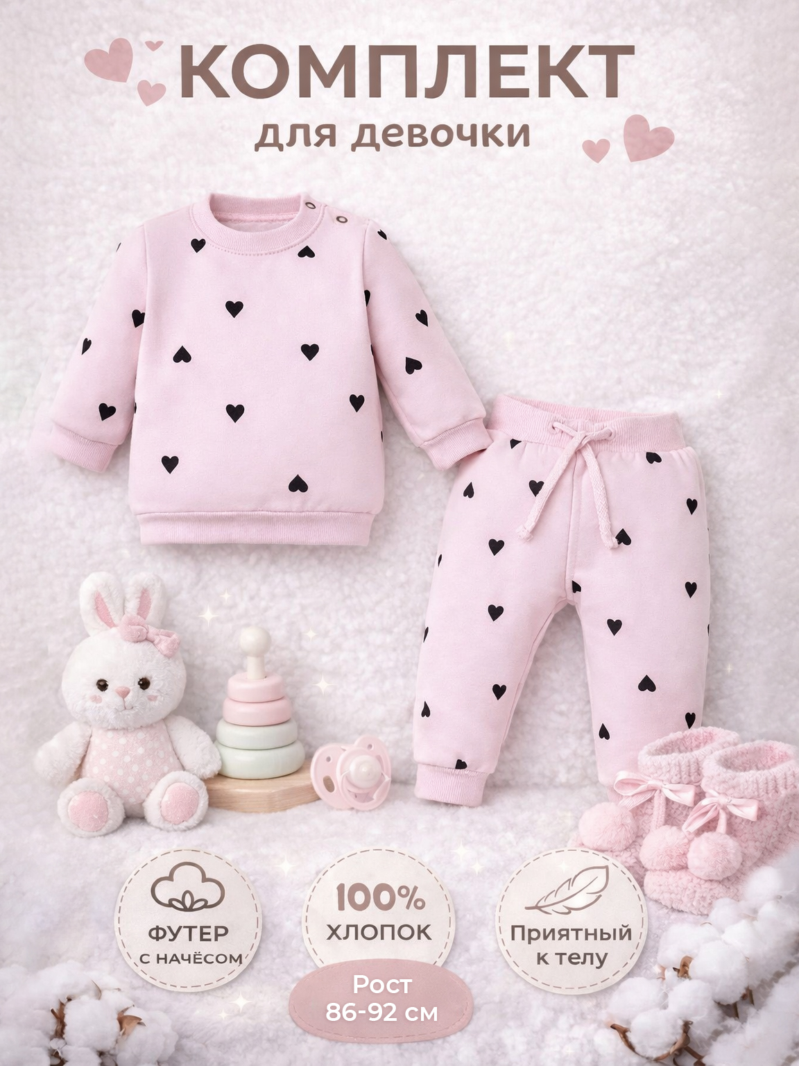 Костюм для девочки Крошка Я, комплект кофта и штаны с сердечками, футер с начесом, хлопок, 86-92 см