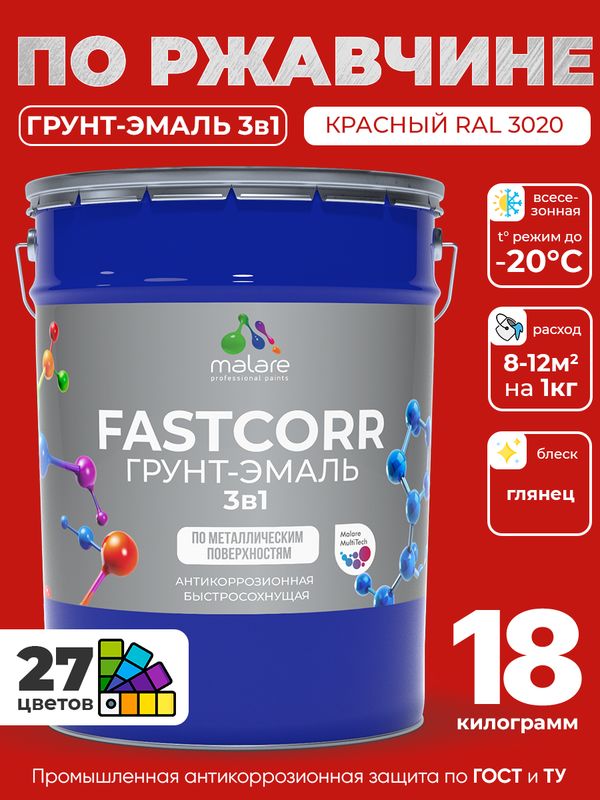 Грунт-эмаль по ржавчине 3 в 1 Malare FastCorr краска для металла, антикоррозионная износостойкая быстросохнущая RAL 3020, красный, глянцевая, 18 кг.