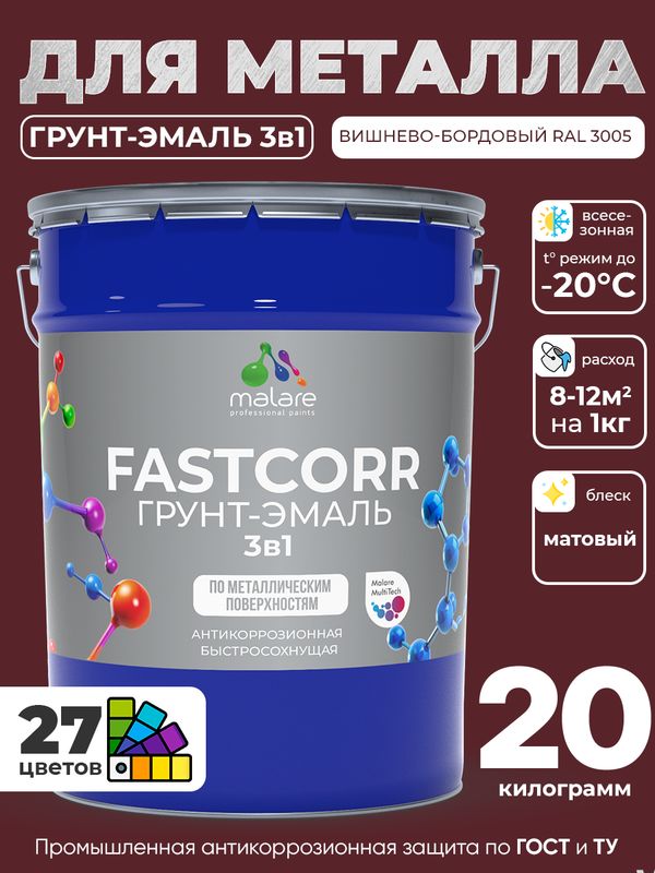 Грунт-эмаль по ржавчине 3 в 1 Malare FastCorr краска для металла, антикоррозионная износостойкая быстросохнущая RAL 3005, вишнево-бордовый, матовая, 20 кг.