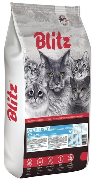 Корм Blitz Classic Sterilised Chicken для стерилизованных кошек, с ...