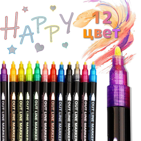 Bearbro- Маркеры с блестками,12 цветов,3 мм,Двухцветные контурные ...