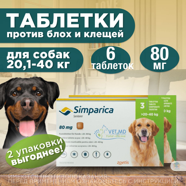 Симпарика 80 мг, Таблетки жевательные от блох и клещей, для собак ...