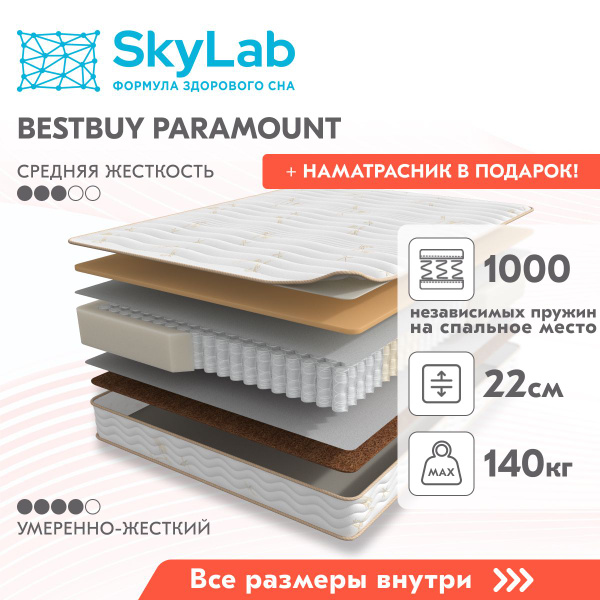 Матрас SkyLab BestBuy Paramount_190, С зональным пружинным блоком, 90 ...
