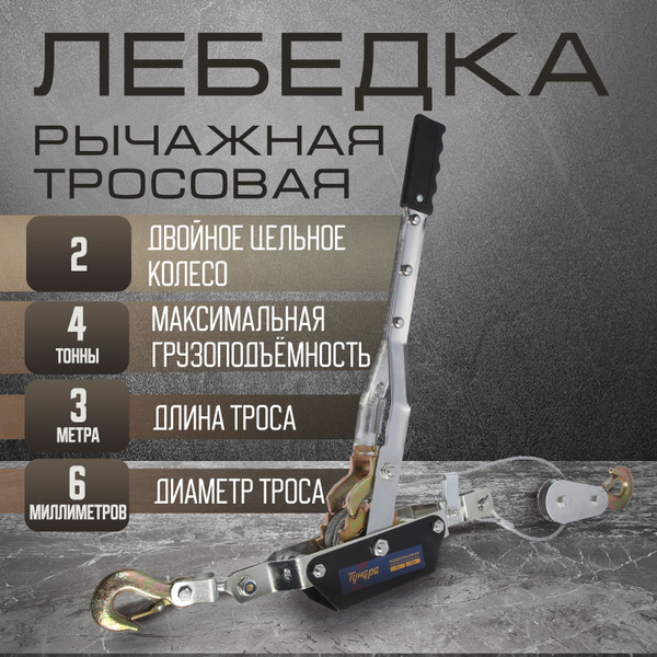 Лебедка рычажная Тундра, двойное храповое колесо, тяга 4 т (подъем 1.6 ...