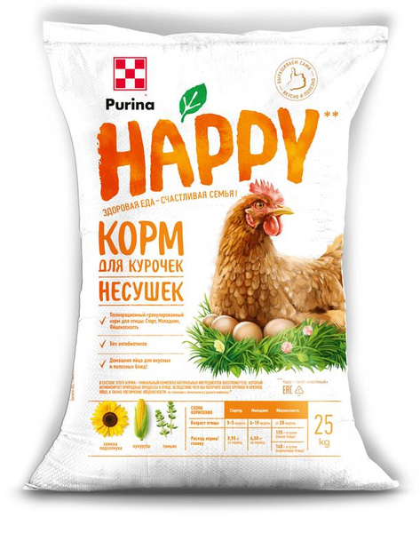 Корм для курочек-несушек PURINA Яйценоскость HAPPY 25кг купить на OZON ...