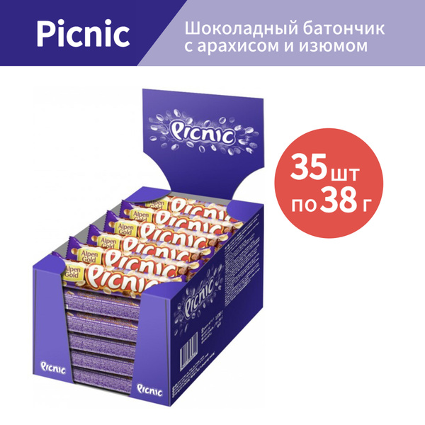 Шоколадный батончик Picnic (Пикник) с арахисом и изюмом, 35шт по 38г ...