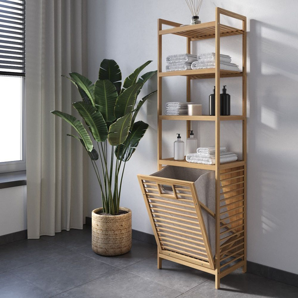 Характеристики Этажерка для ванной с корзиной для белья из бамбука ...