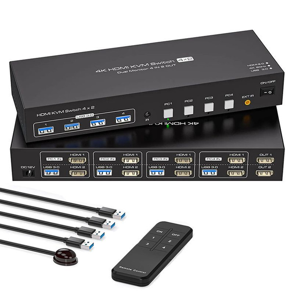 4K Двойной монитор HDMI KVM-переключатель 4 компьютера 2 монитора ...