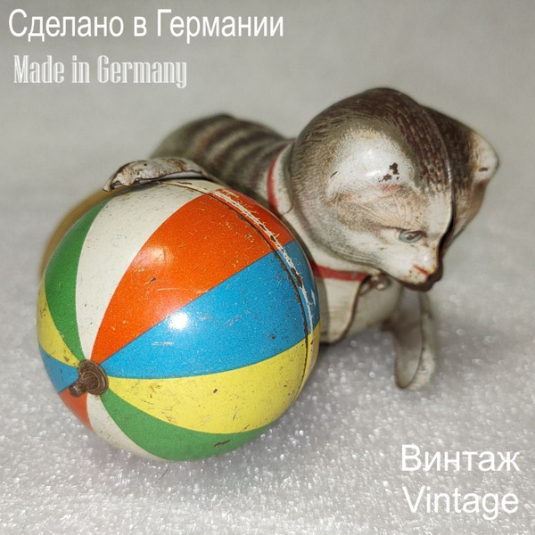 Игрушка заводная старинная антикварная "Кошка с мячиком" Германия ...