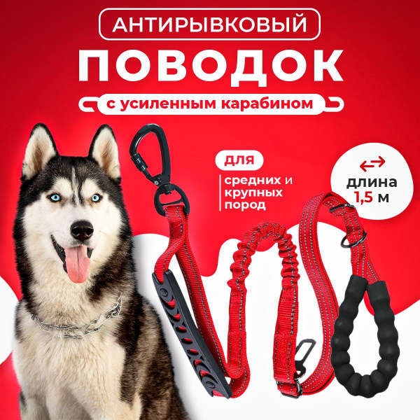 Поводок для собак антирывковый для средних и крупных пород, 1,5 м ...