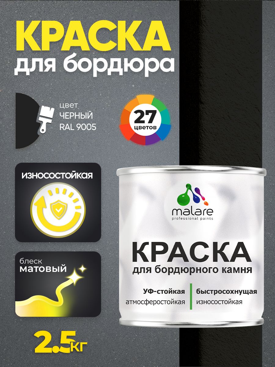 Краска Malare для бордюрного камня, тротуарных камней и плит, износостойкая, быстросохнущая, матовая RAL 9005, черный, 2,5 кг