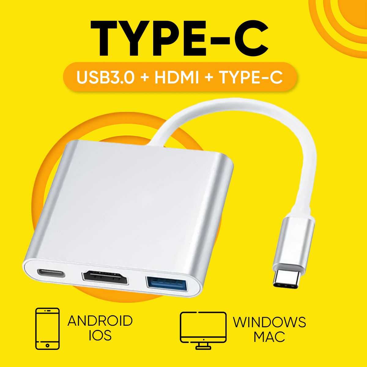 Переходник Type-C на USB 3.0 + Type-C + HDMI 1080р адаптер хаб кабель