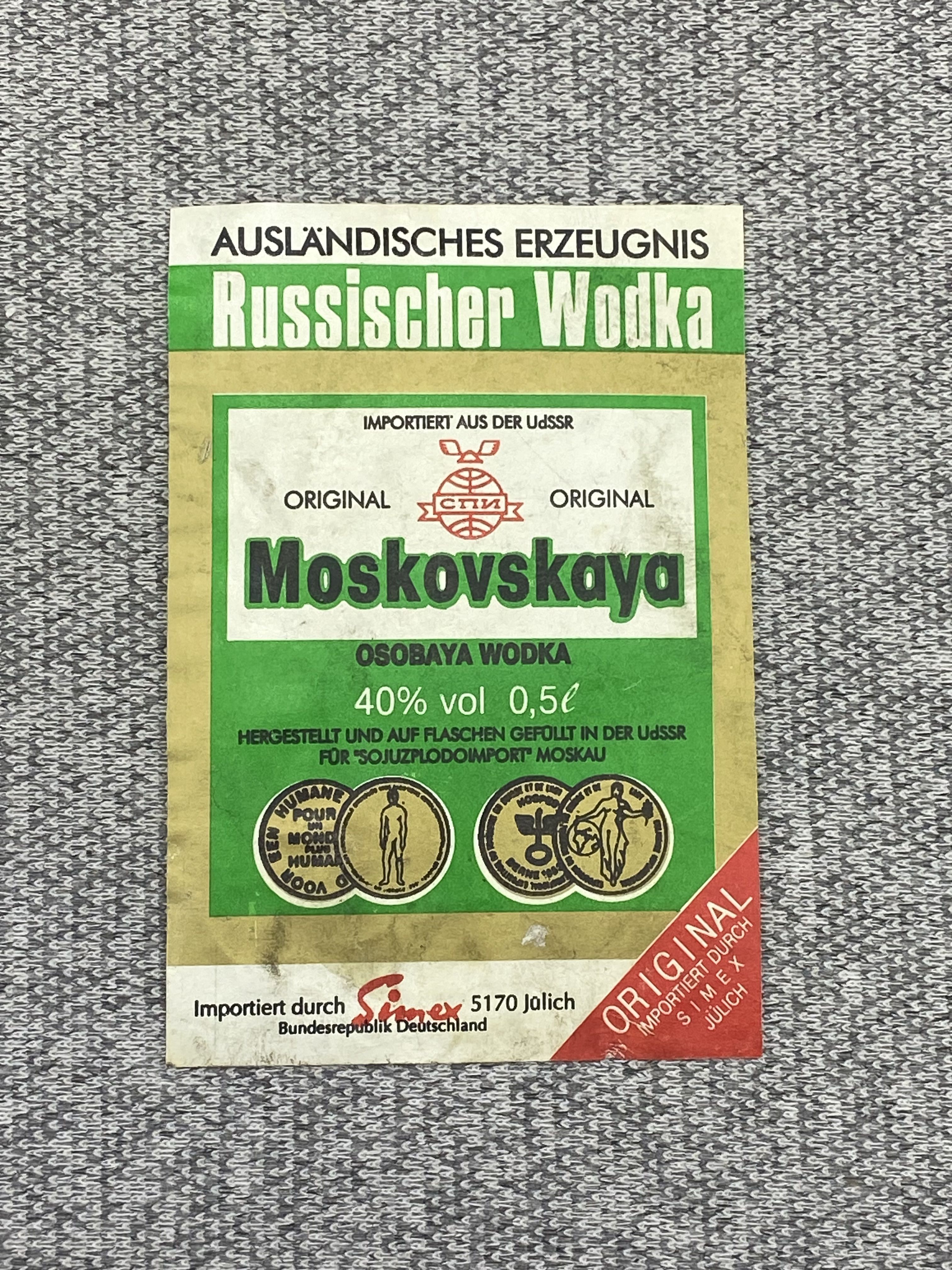 Этикетка коллекционная - Russischer Wodka Moskovskaya