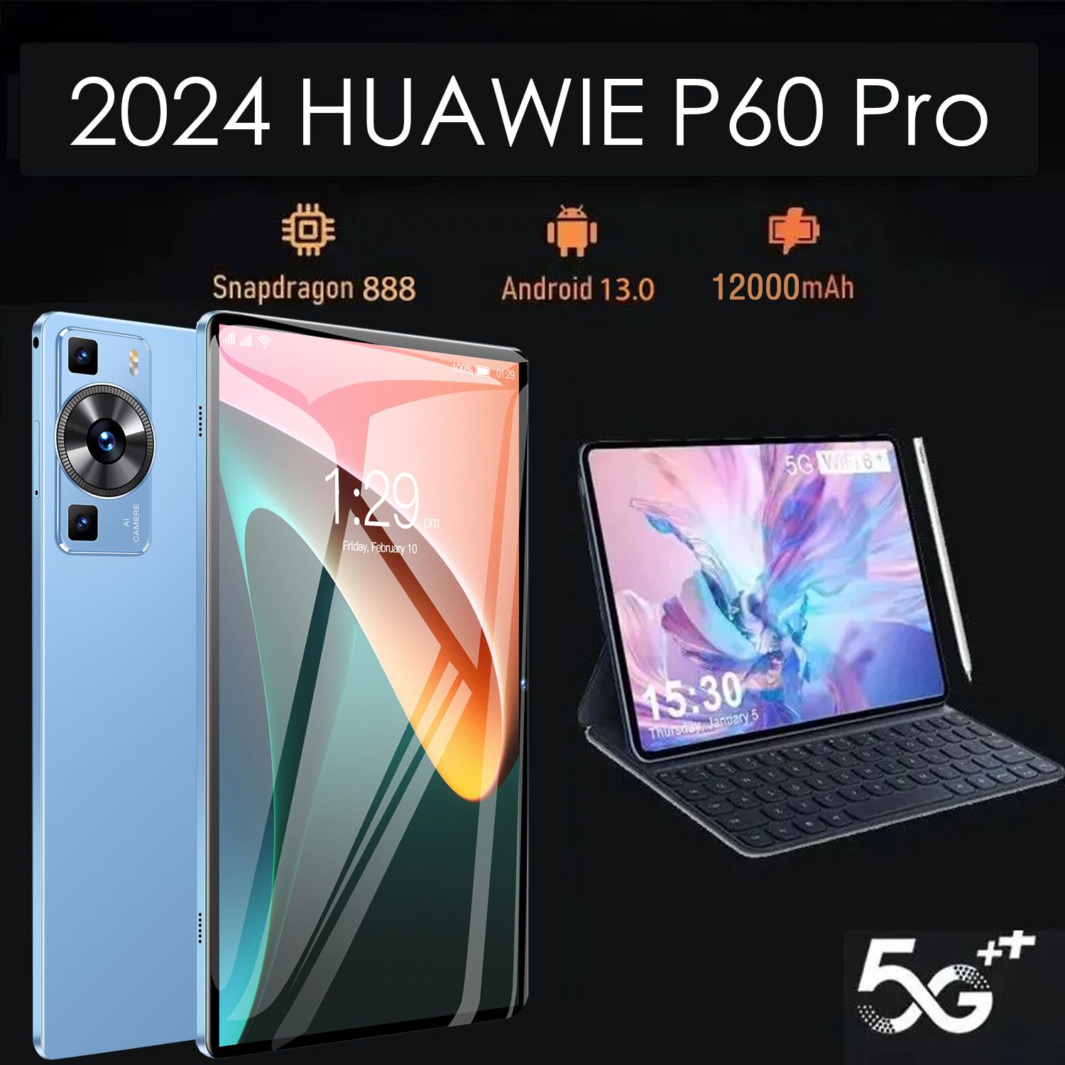 LenovoПланшет2024HUAWEiP60Pro,16+1024ГБ,12.9",120Гц,русскаясистема,HDIPS,12000мАч,планшетныйкомпьютерAndroid,беспроблемныйигровойофис,бесплатныйподароквтечениеограниченноговремени(клавиатуравкожаномчехленарусскомязыке+стилус+проводнаягарн,12.9"1024ГБ,синий,белый