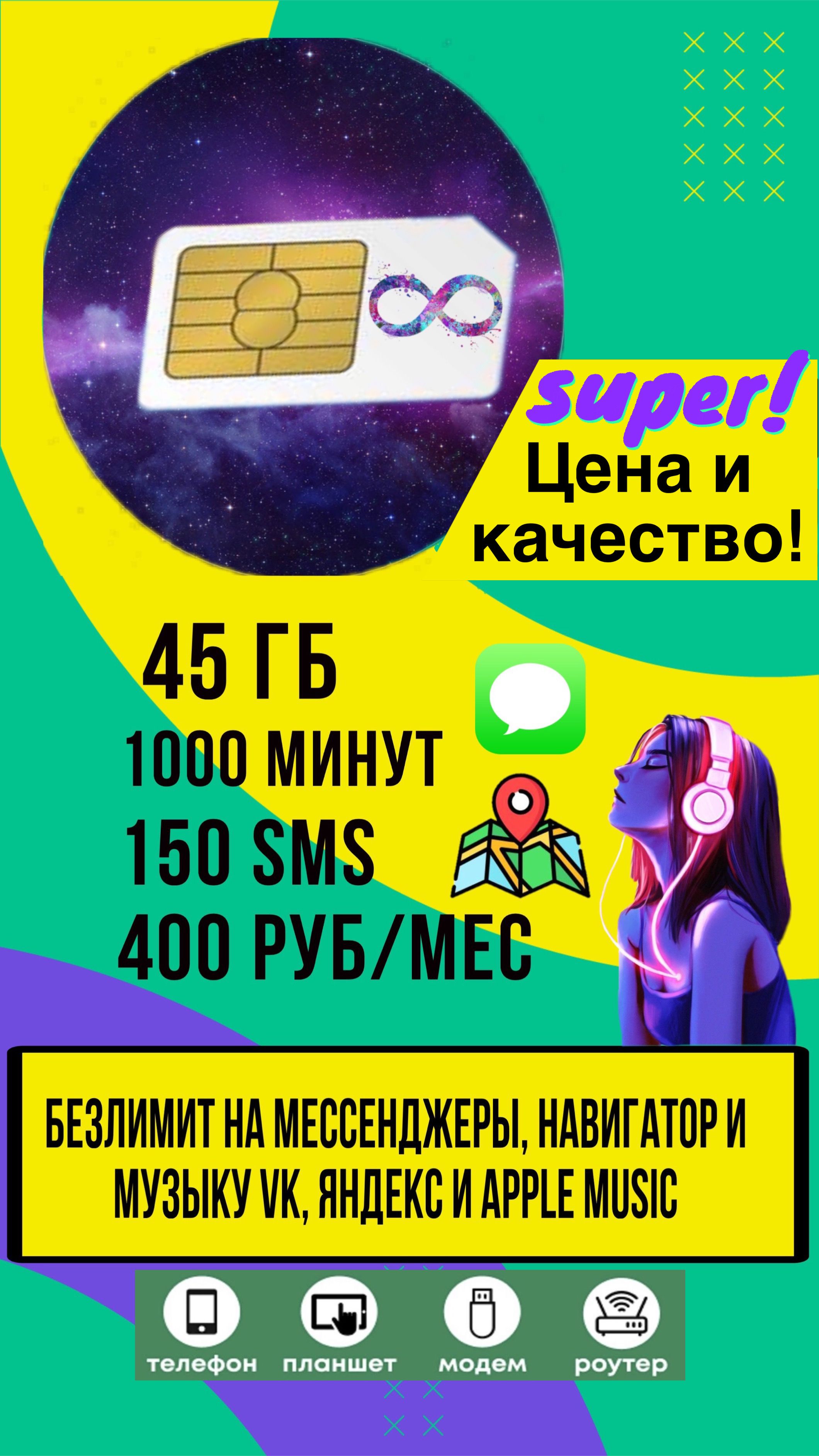 SIM-карта Sim карта БЕЗЛИМИТ на музыку и соц.сети (Вся Россия) (Вся Россия)