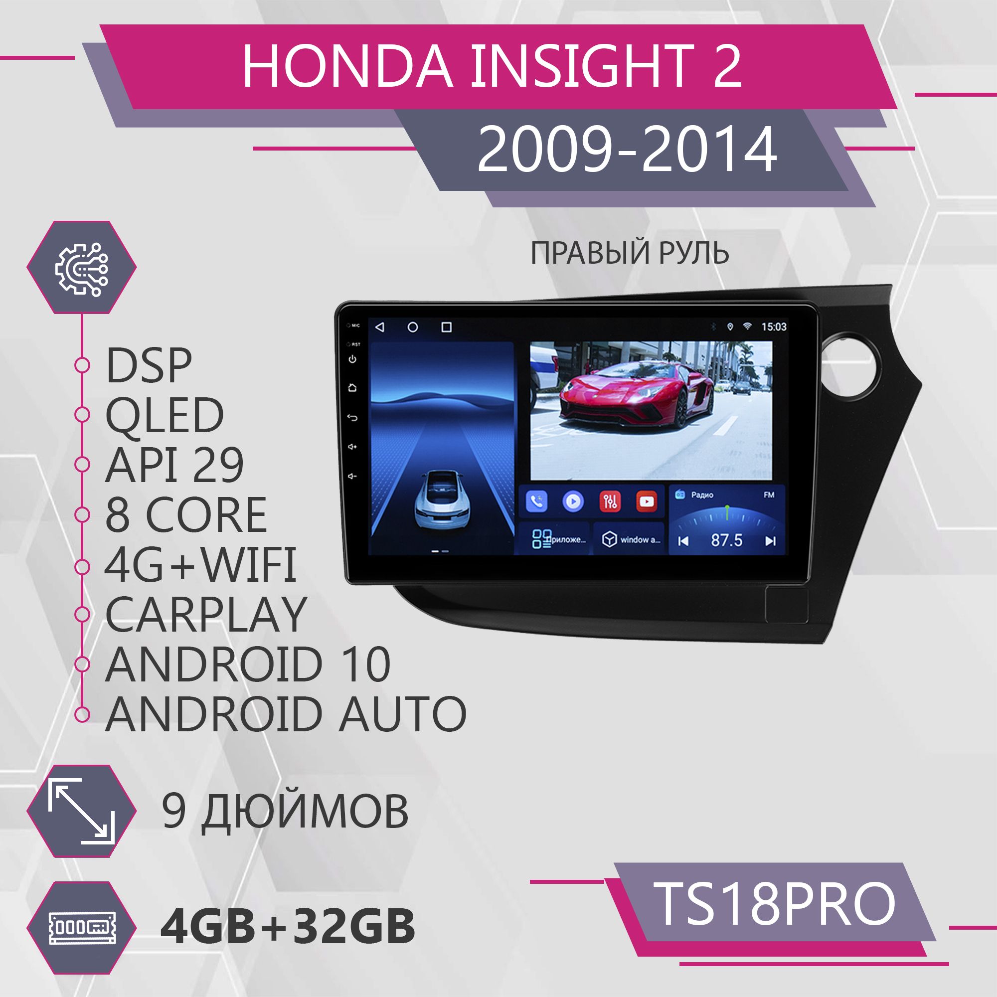 Штатная магнитола TS18Pro/4+32GB/ для Honda Insight 2 /Right hand driver/ Хонда Инсайт магнитола Android 10 2din головное устройство мультимедиа