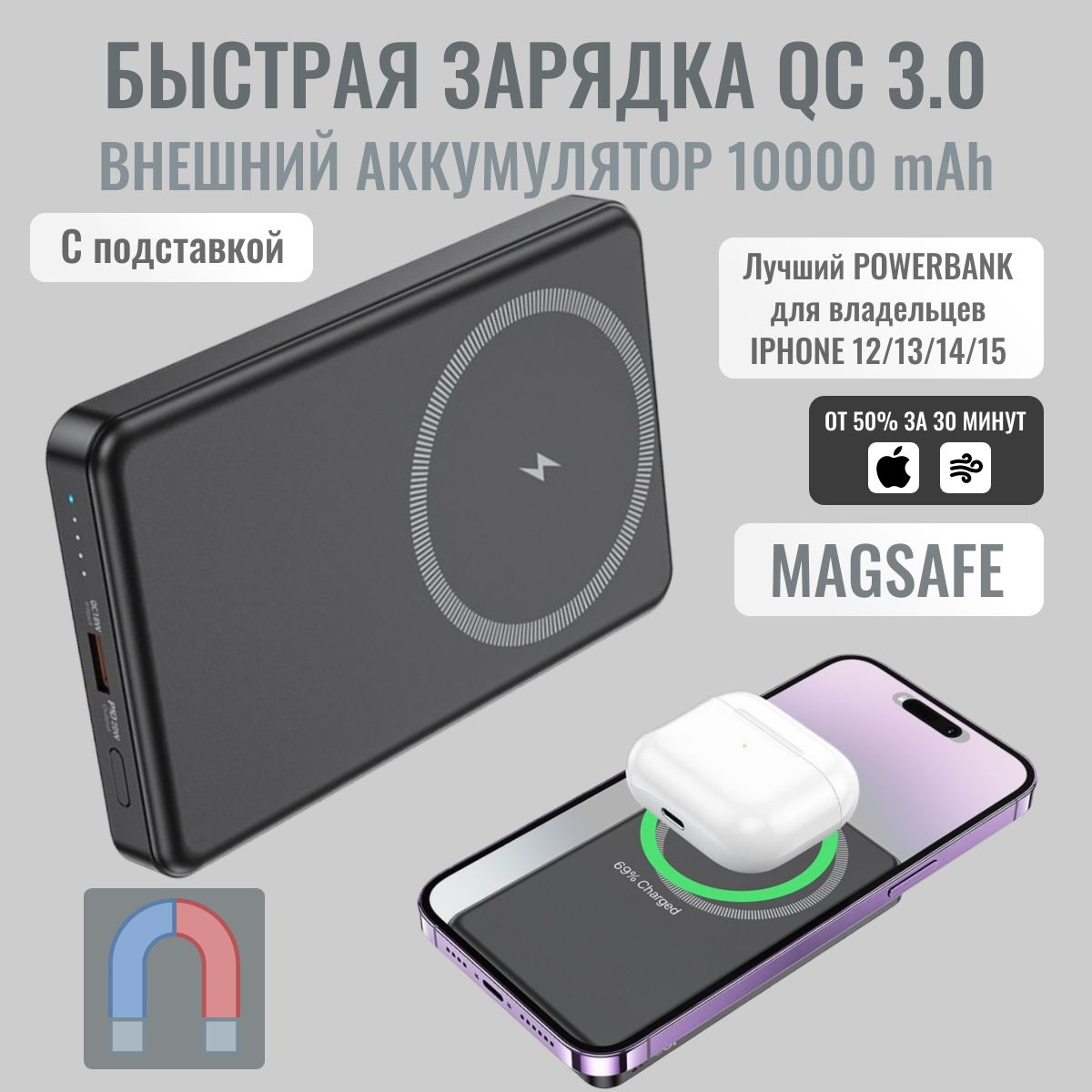 Внешний аккумулятор(повербанк) 10000mAh с беспроводной зарядкой HOCO  MagSafe J125A 2024. Powerbank Type-C 15W белый