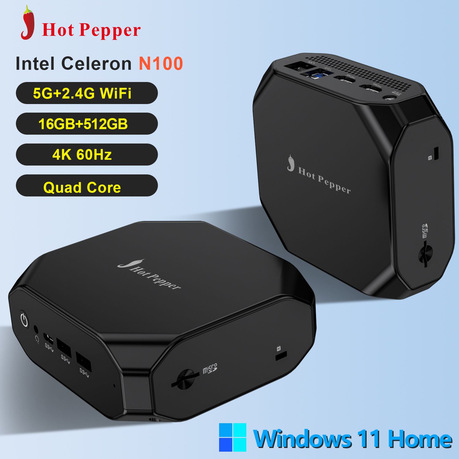 Мини-ПКHotpepperМини-ПКIntelAlderLakeN100(4K60HZ,3.4GHZ,)RAM16GB,SSD512GB,ПоддержкаM.22280Pdle3.0X4слотов,Поддержкадо512GBSSD(IntelProcessorN100,RAM512ГБ,SSD512ГБ,IntelUHDGraphics,Windows11Home),chiliRM10plus,черный