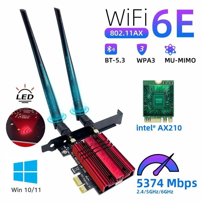 СетеваякартаPCI-EАдаптердлякомпьютераWi-Fi6EintelAX210Bluetooth5,3/5374Мбит/с2,4ГГц,5ГГци6ГГц