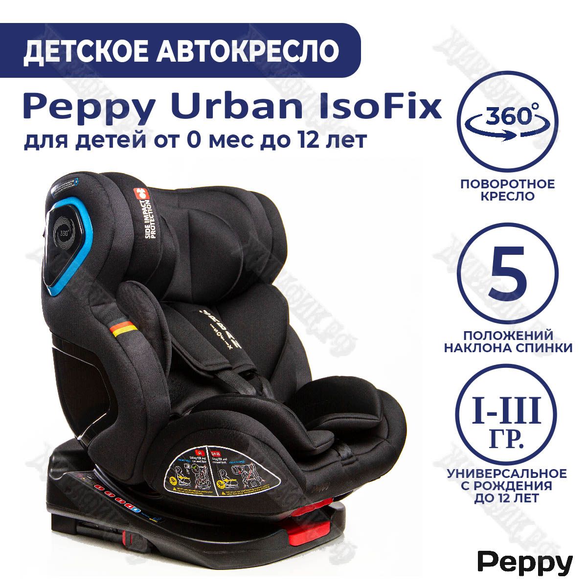 Детское автокресло гр. 0-I-II-III с 0 до 12 лет Urban Isofix Peppy(Черный)