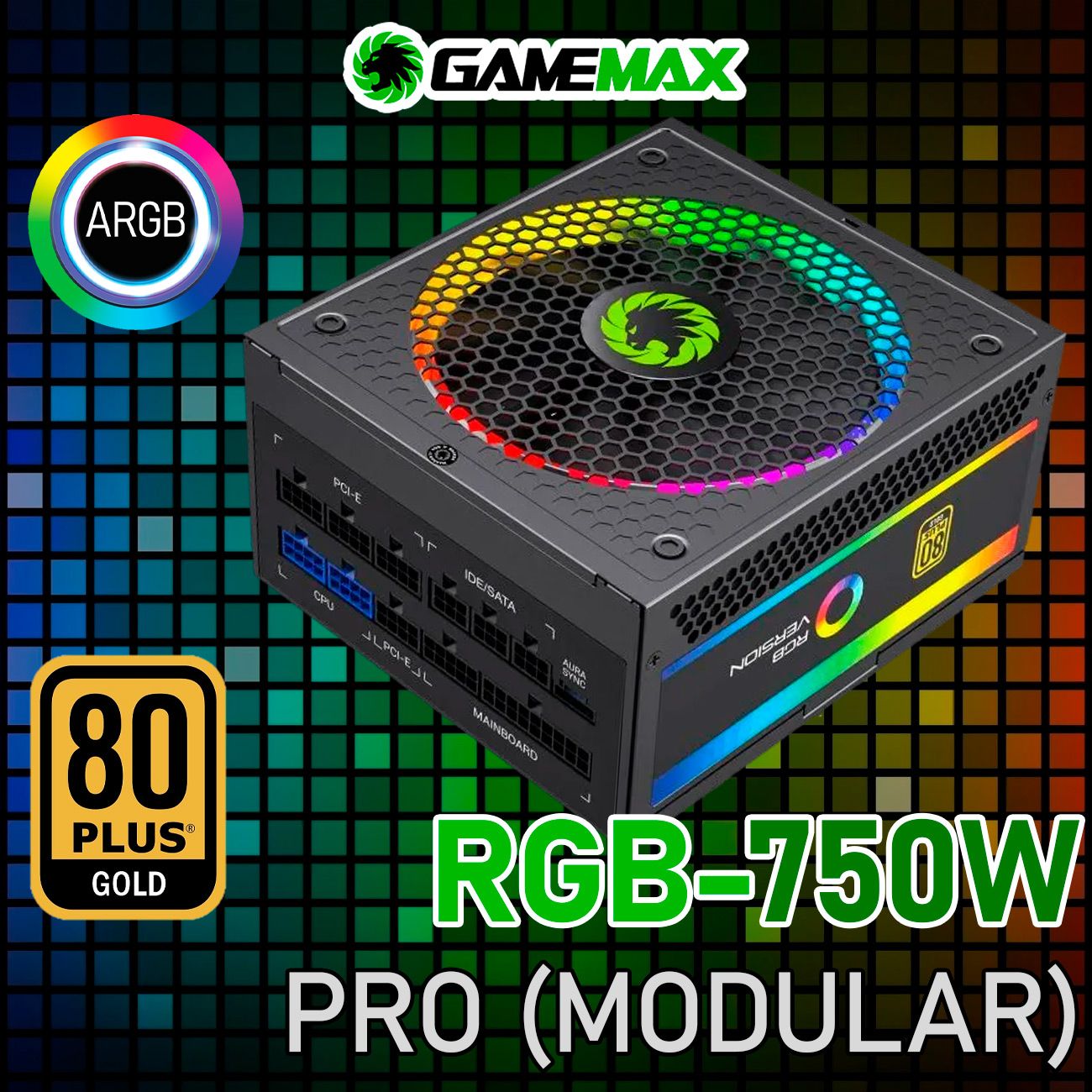 БлокпитанияGameMaxRGB-750PRO(Черный750WGold140мм20+4pin2*4+4pin(CPU)3*6+2pin(PCI-E)8*SATA3*MOLEX)