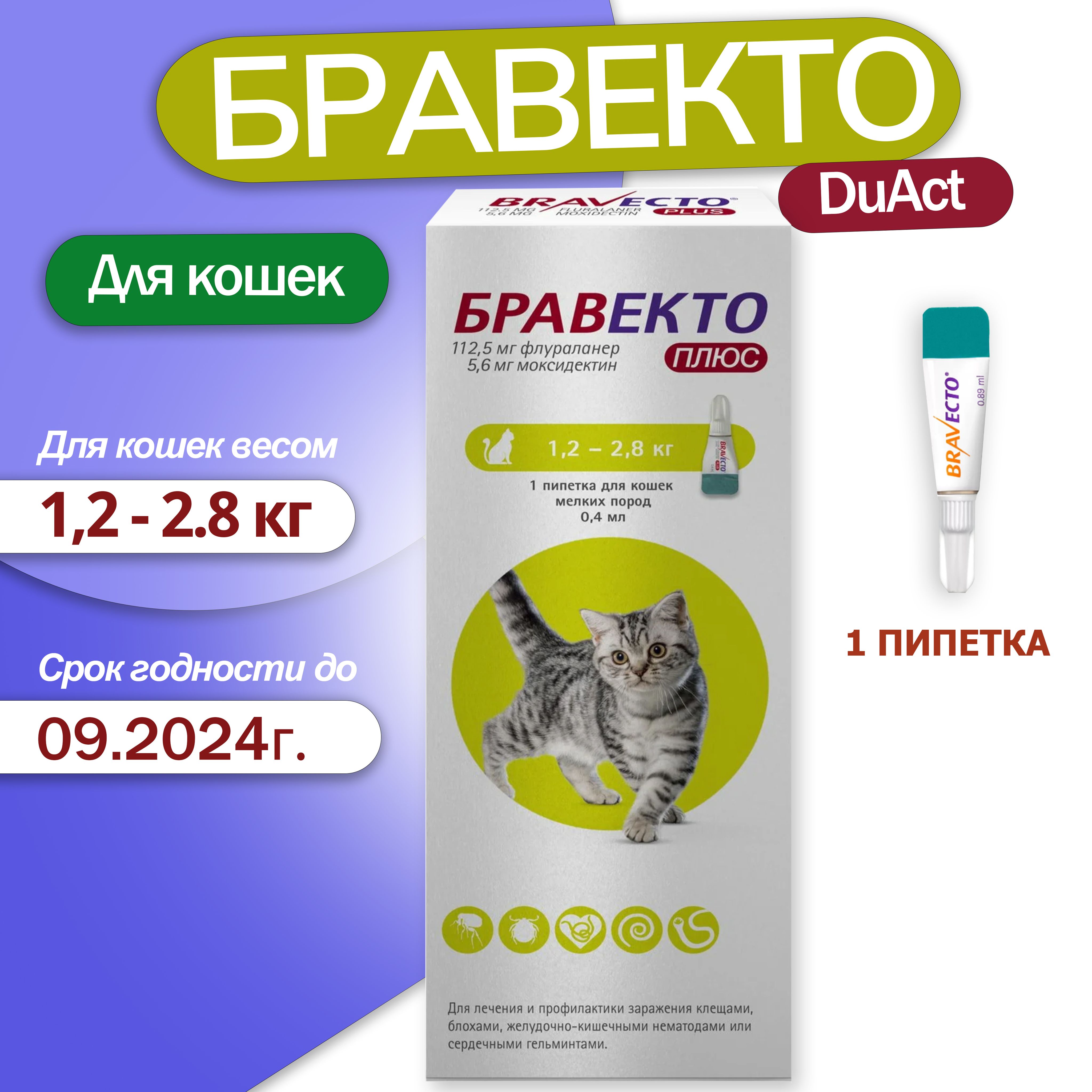 Капли БРАВЕКТО ПЛЮС капли для кошек весом от 1,2 до 2,8 кг против  внутренних и внешних паразитов (1 пипетка) - купить с доставкой по выгодным  ценам в интернет-магазине OZON (1476502374)