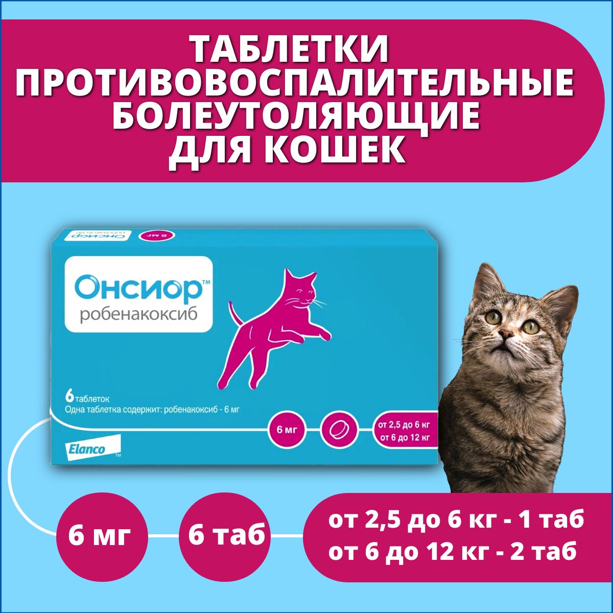 ТаблеткиElancoОнсиор6мгдлякошекпротивовоспалительныйиболеутоляющийпрепарат,6табл.