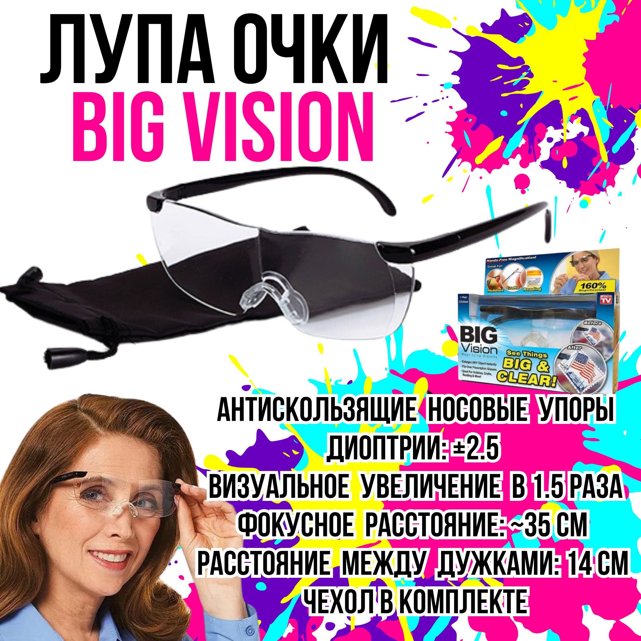 Увеличительные очки лупа BIG VISION ( Биг Вижен) для зрения женские/мужские, стекло фокус плюс, прозрачные, для чтения, складные