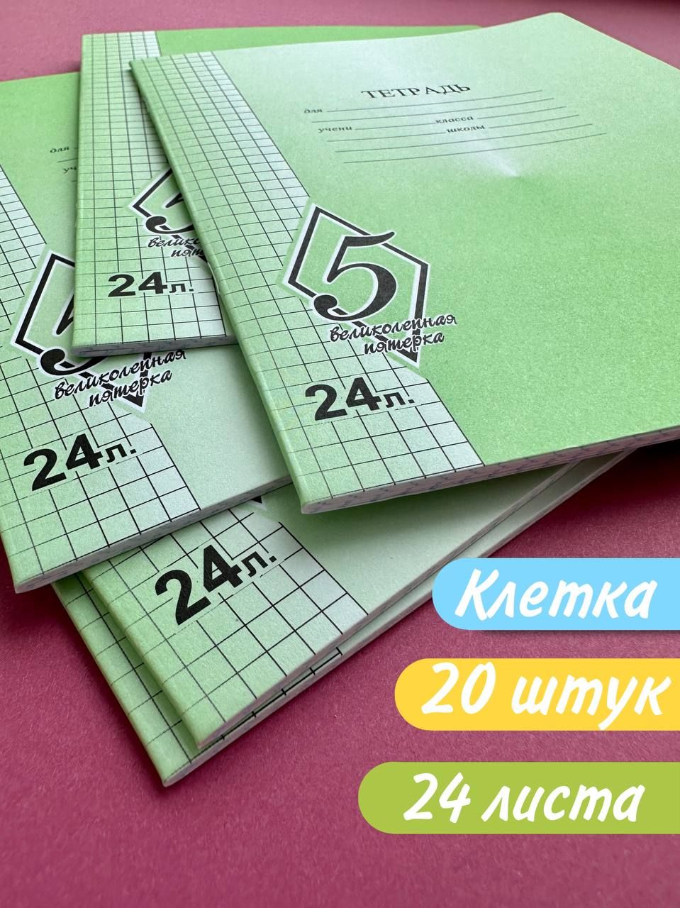 Тетрадь в клетку 24 листа, набор тетрадей 20 штук