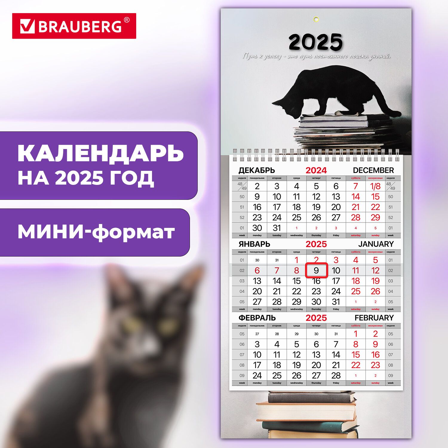 Календарьнастенныйна2025годквартальныйотрывной1блок,1гребень,бегунок,Мини,офсет,Brauberg,Smartcat