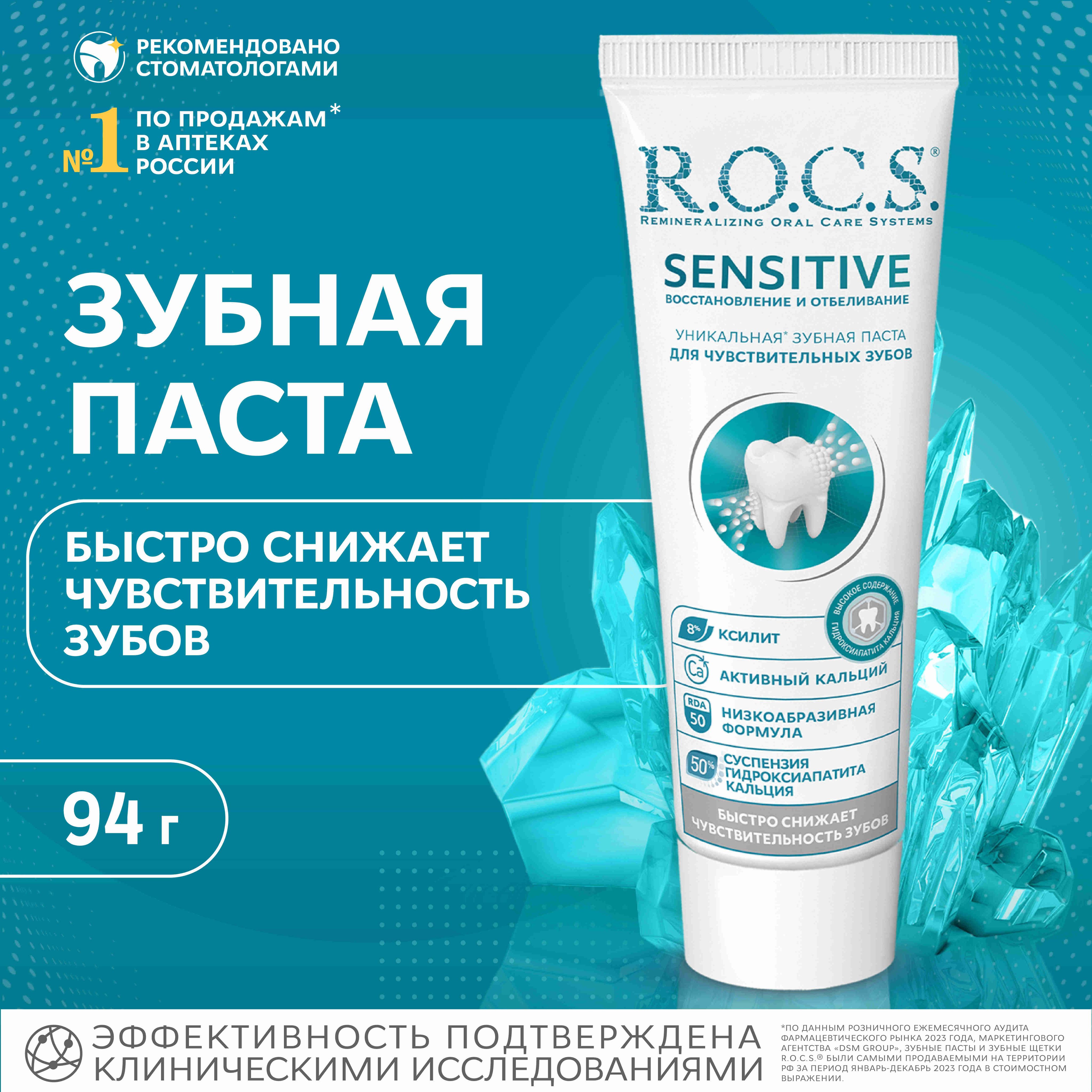 Зубная паста R.O.C.S. Sensitive Восстановление и Отбеливание, снижение чувствительности, 94 г